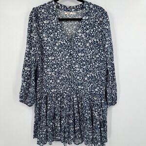 Mi Ami Mini Dress Womens Medium Blue White Boho Floral Rayon Pleated Long Sleeve